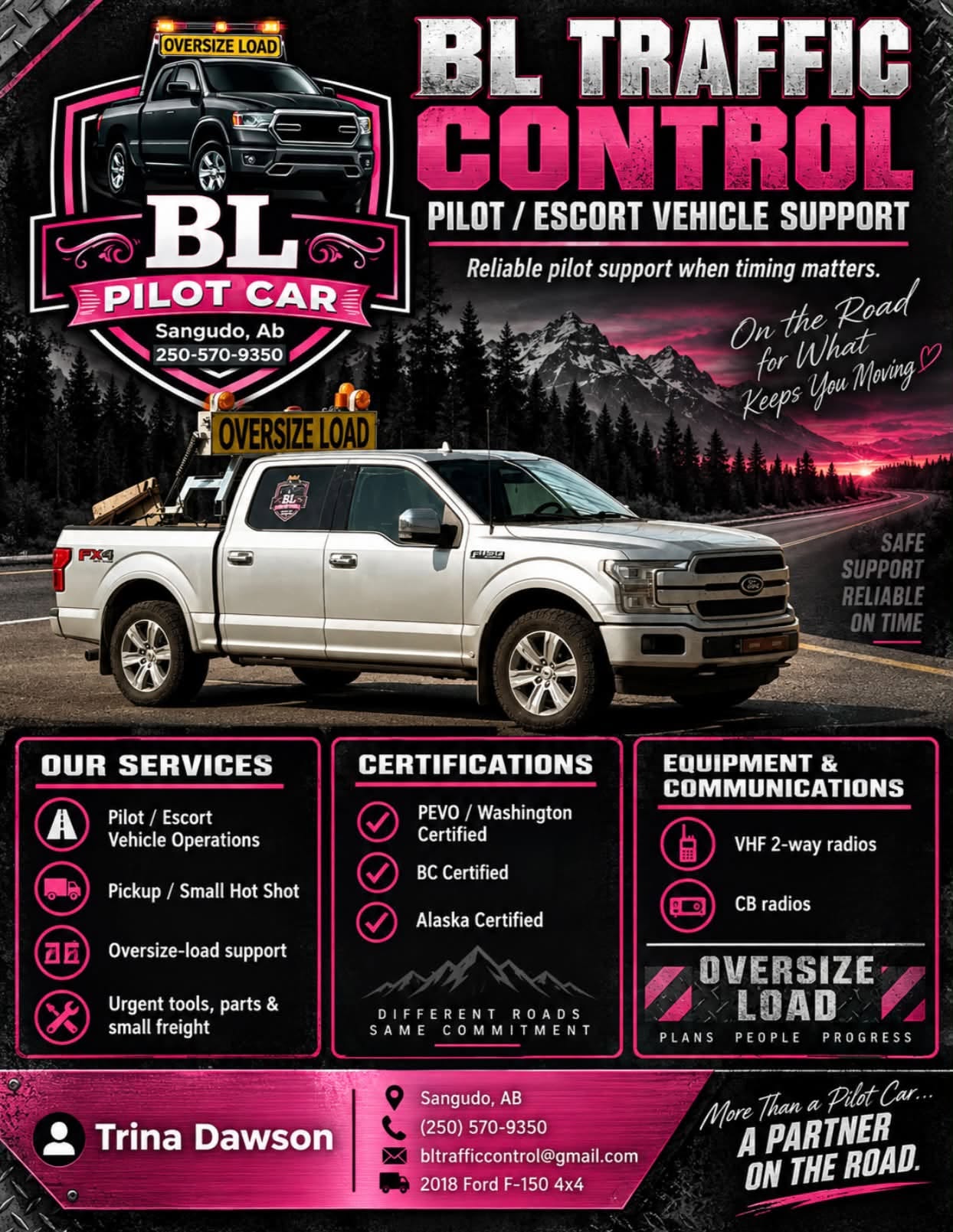 BL Traffic Control & Pilot Car Services Logo - Sangudo, Alberta