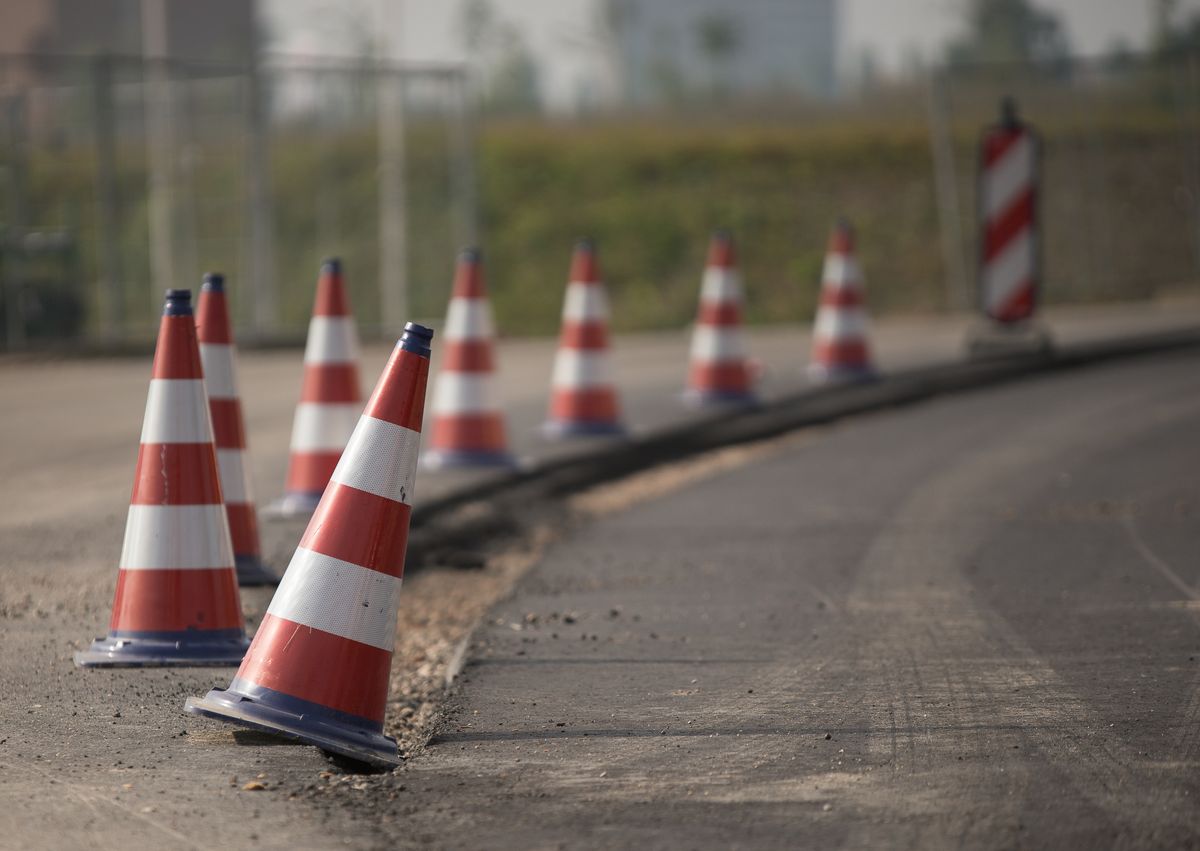 Traffic cones along a road