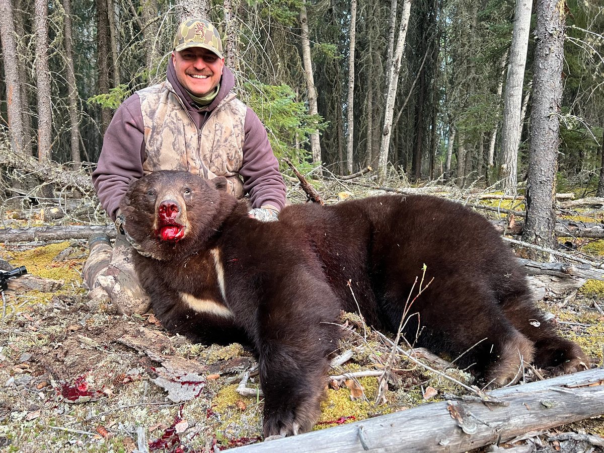 Hunter with a black bear in the forest
