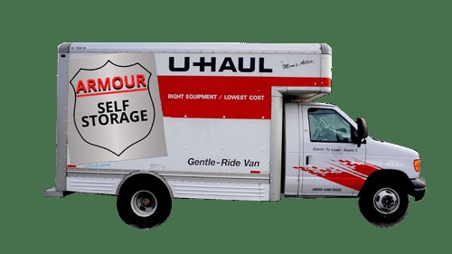 Armour-branded U-Haul truck at Armour Self Storage in Fort Saskatchewan